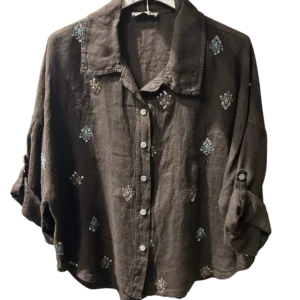 Camisa Lino Bordada +3colores - Marrón chocolate